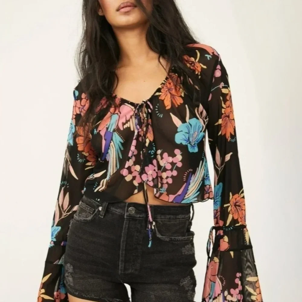 NWT Free People Of Paradise Floral Mesh Flyaway Top Black Combo